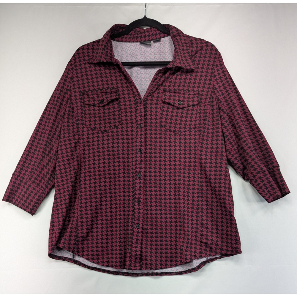 Covington Petite Womens Long Sleeve Houndstooth‎ Button Down Shirt Top XL Petite